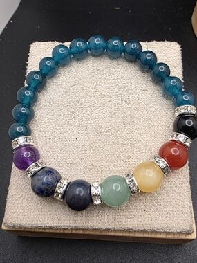 Multicolor Beaded Chakra Bracelet with Teal Accent Beads (396)